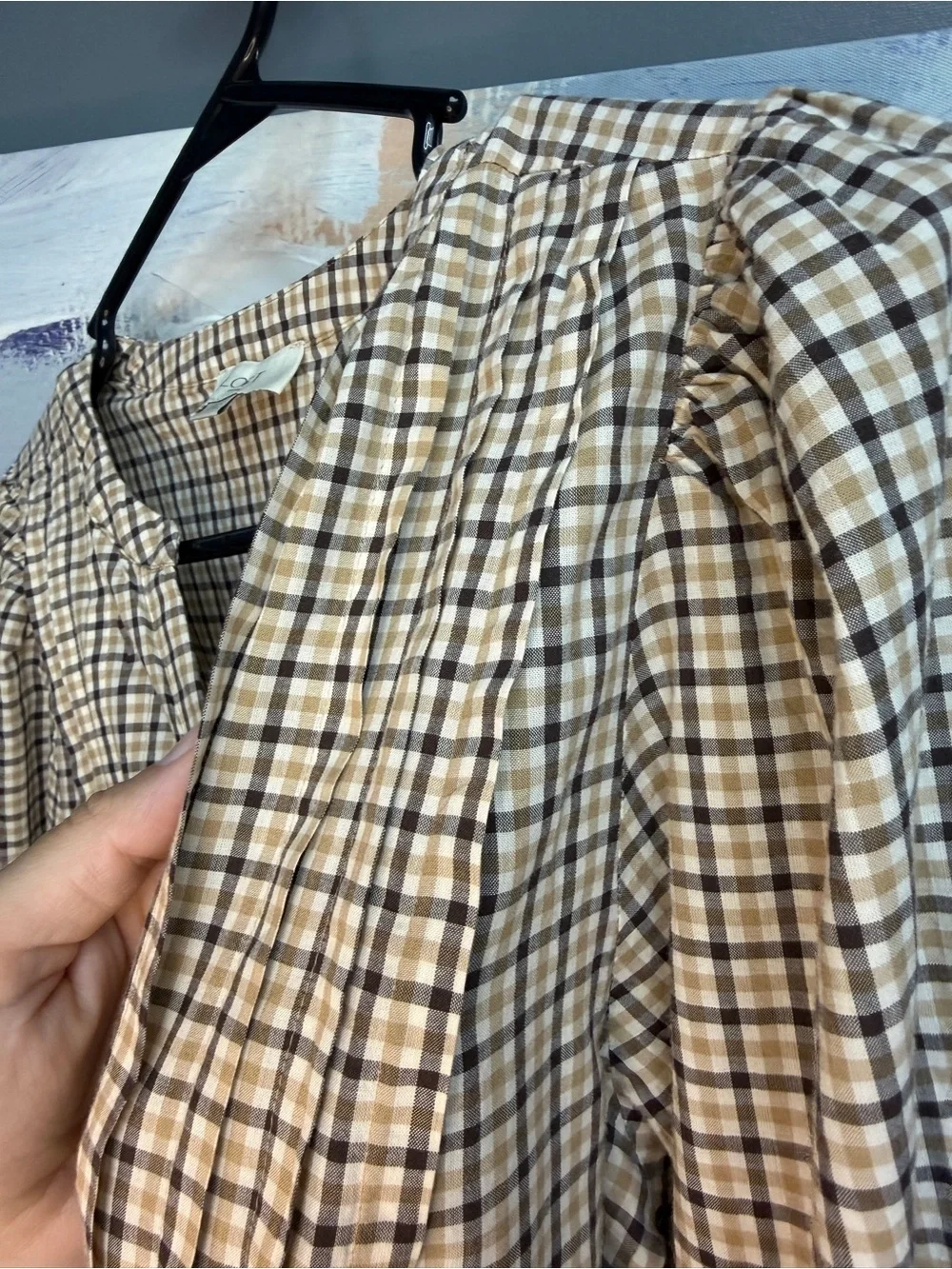 LOFT Outlet Plaid Cottagecore Peplum Top Brown Beige Long Sleeve Small 1139